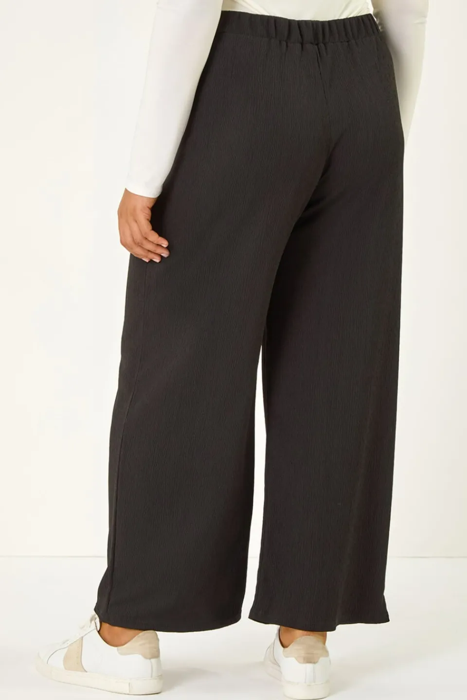 Trousers>Roman Black Curve Textured Elastic Waist Wide Leg Trouser