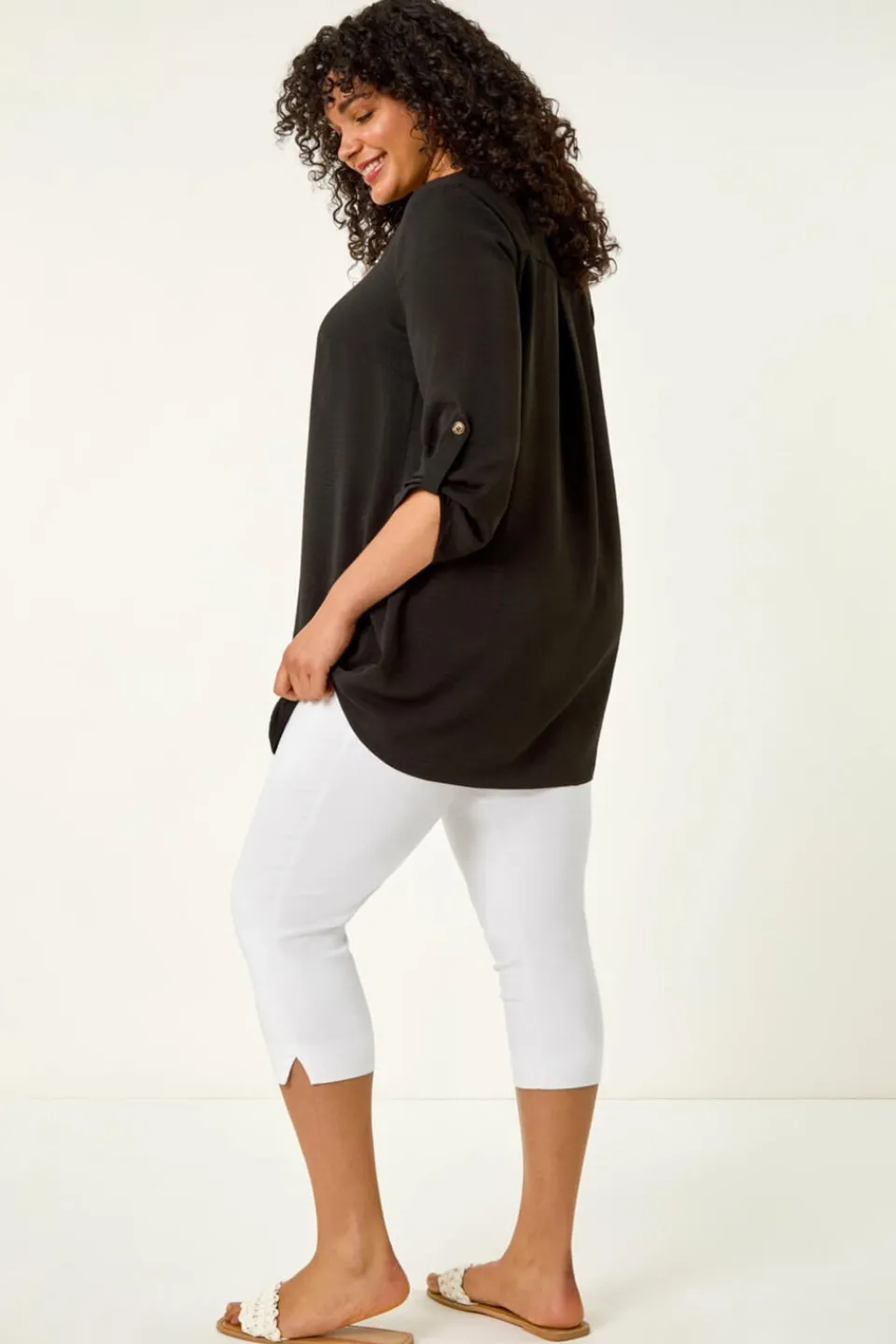 Tops>Roman Black Curve Textured Buttoned Tunic Top