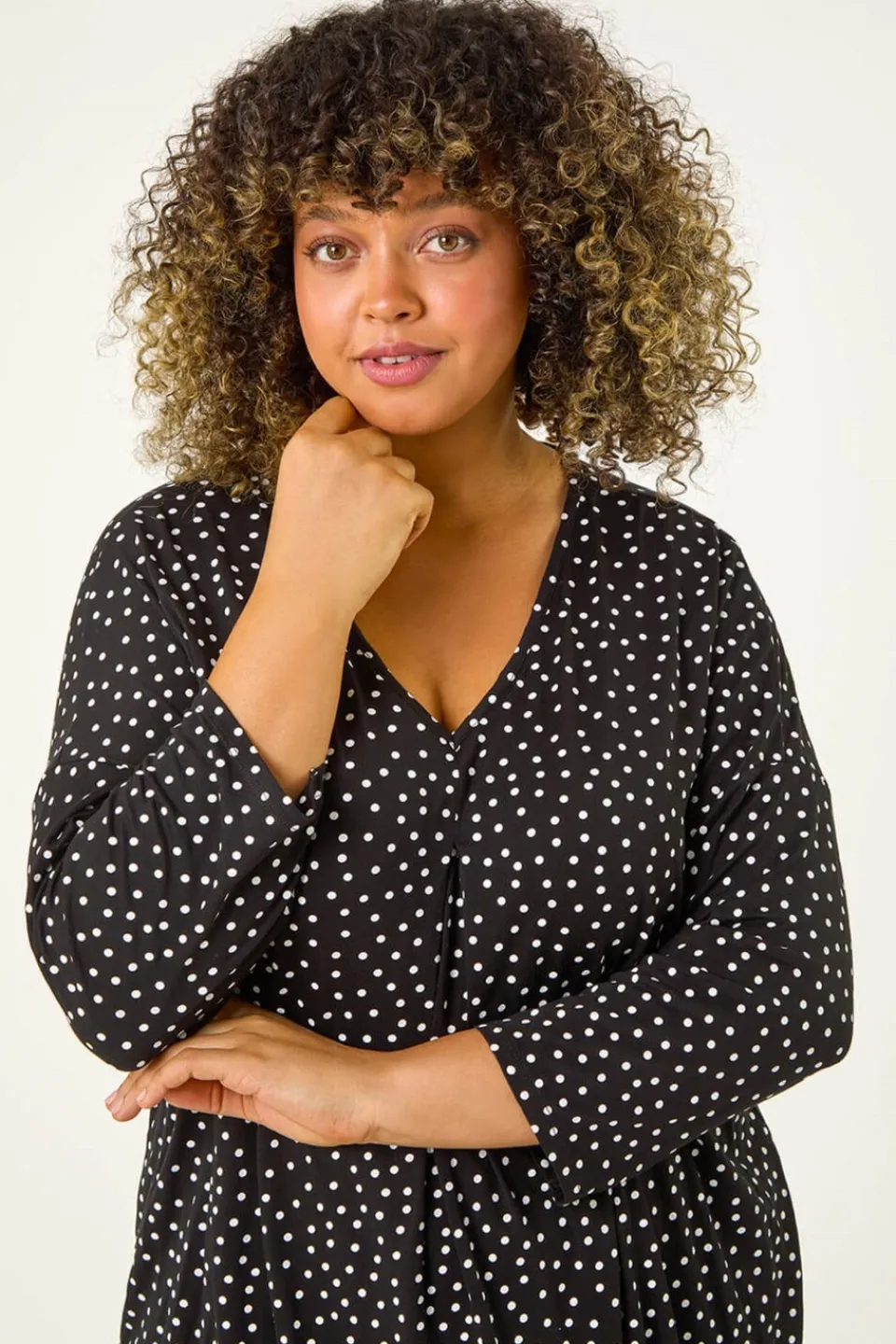 Tops>Roman Black Curve V-Neck Spot Print Tunic