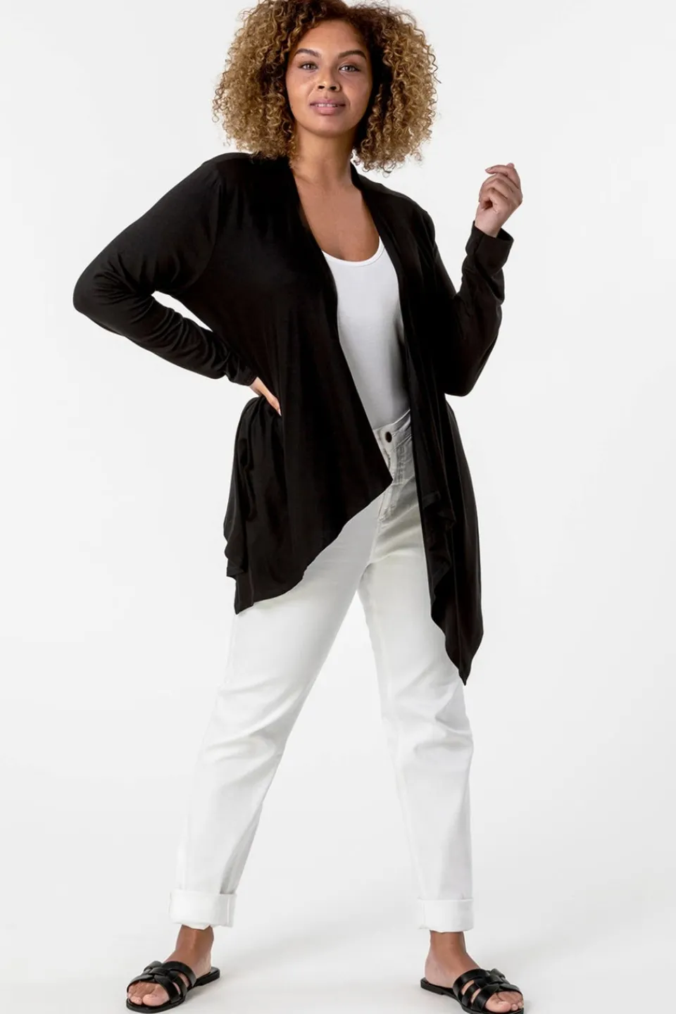 Tops>Roman Curve Waterfall Front Jersey Cardigan Black