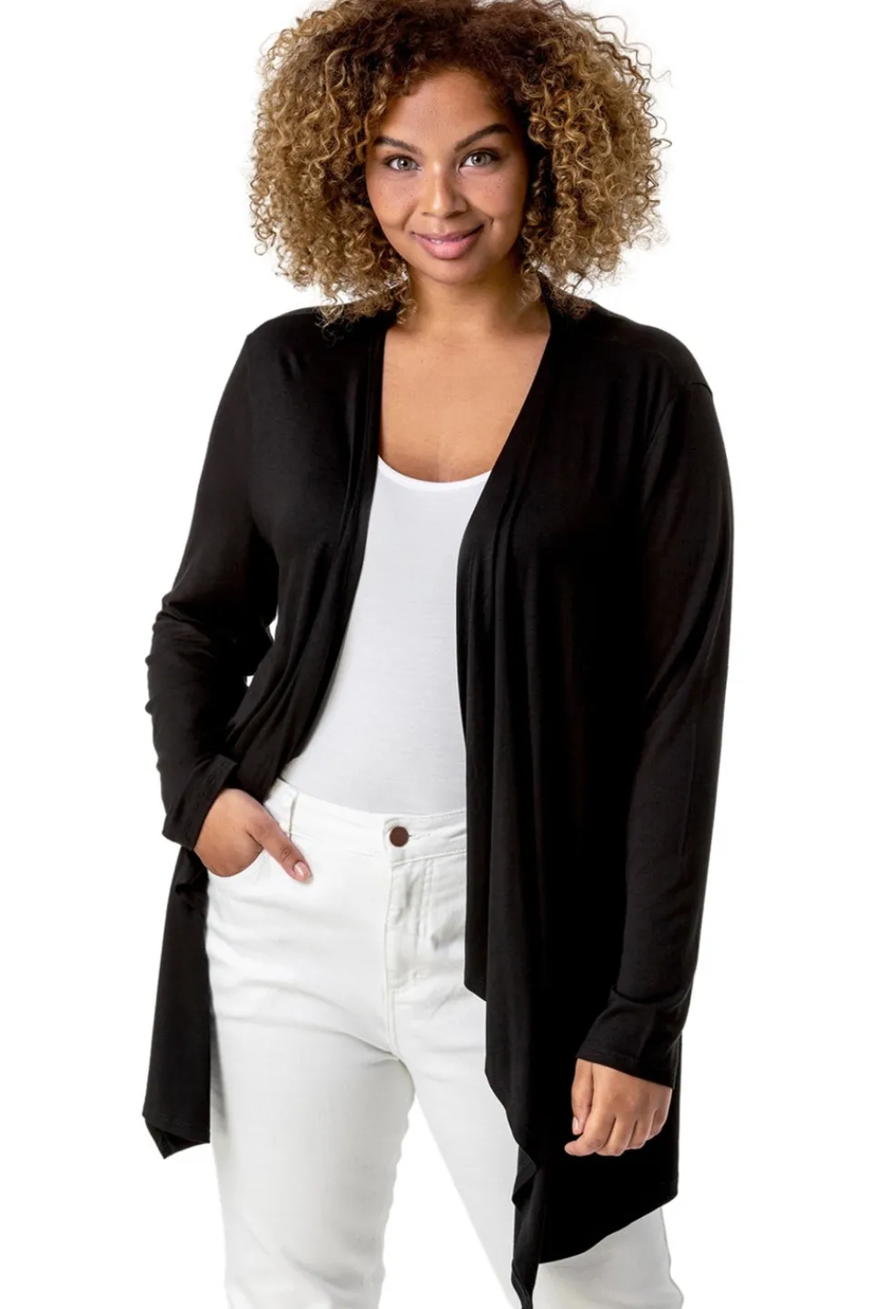 Tops>Roman Curve Waterfall Front Jersey Cardigan Black