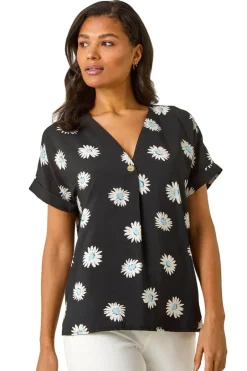 Tops>Roman Black Daisy Print Pleat Front Top
