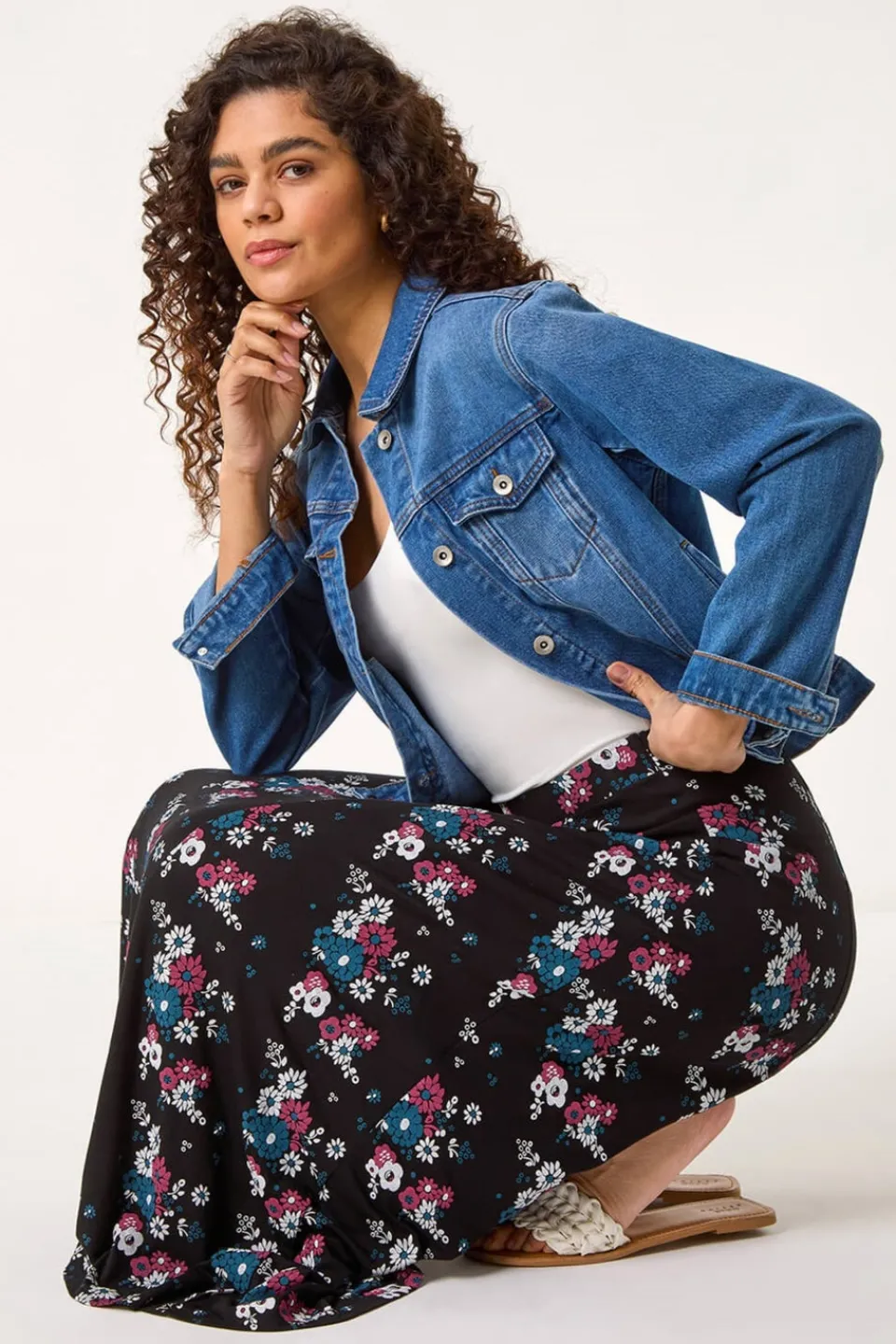 Skirts>Roman Black Diagonal Ditsy Floral Print Skirt