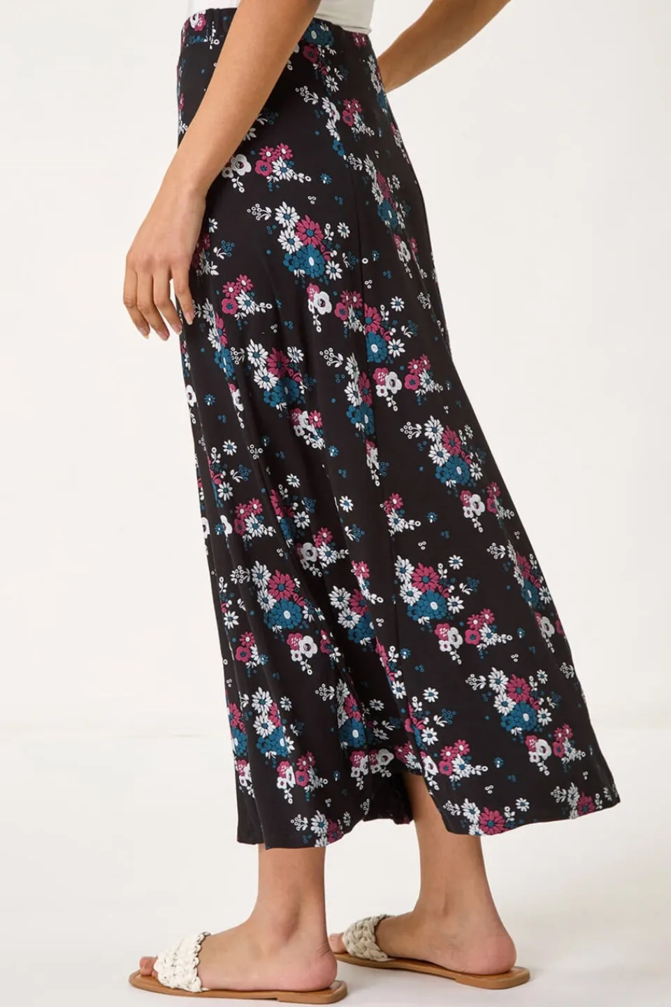 Skirts>Roman Black Diagonal Ditsy Floral Print Skirt