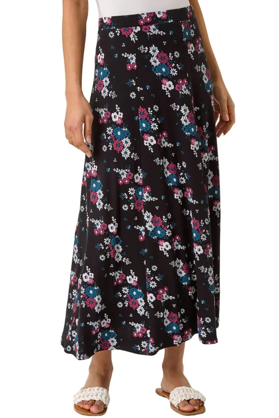 Skirts>Roman Black Diagonal Ditsy Floral Print Skirt