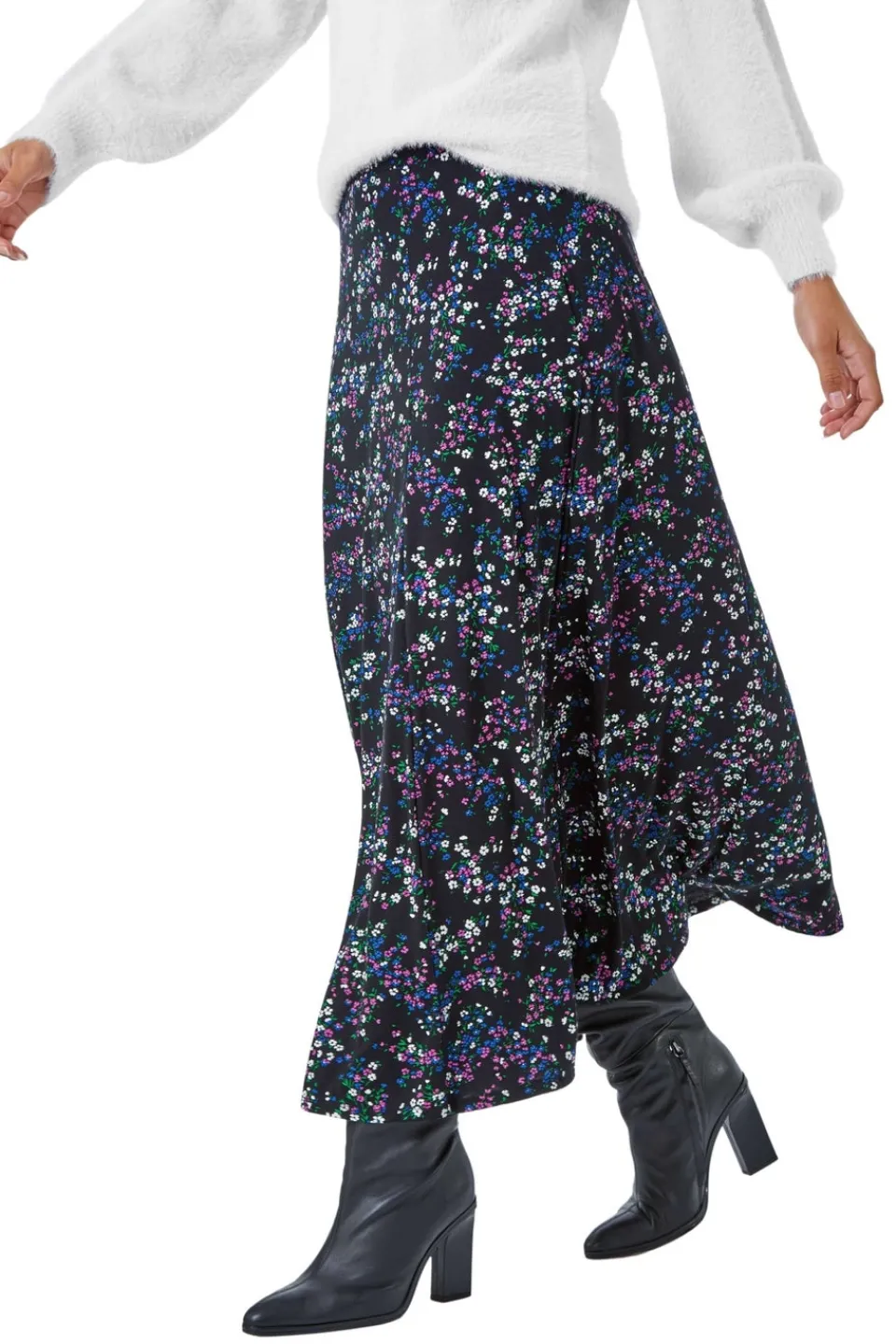 Skirts>Roman Black Ditsy Floral Stretch Elastic Waist Midi Skirt