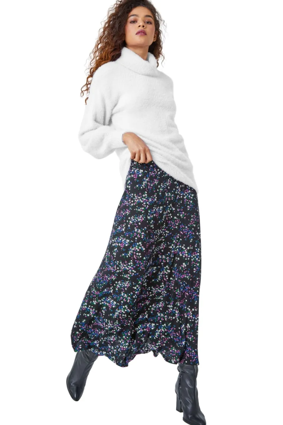 Skirts>Roman Black Ditsy Floral Stretch Elastic Waist Midi Skirt