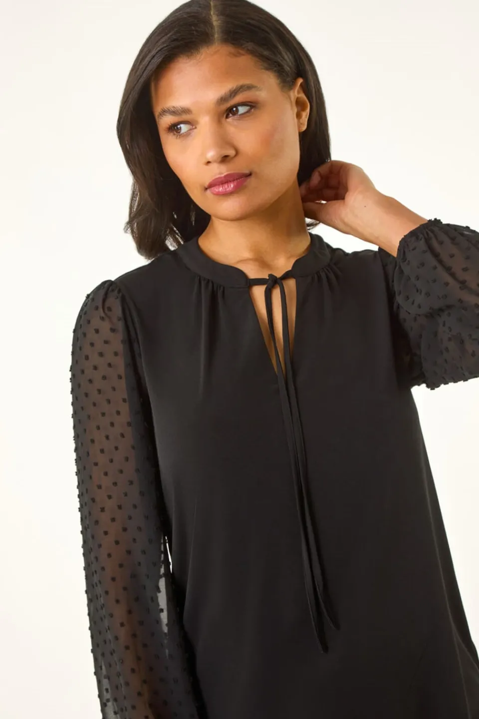 Tops>Roman Black Dobby Spot Tie Neck Mesh Top