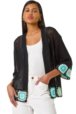 Knitwear>Roman Black Edge Crochet Hem Knit Cardigan