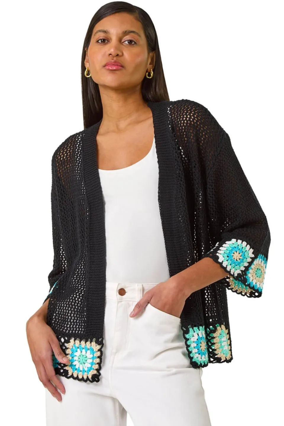 Knitwear>Roman Black Edge Crochet Hem Knit Cardigan