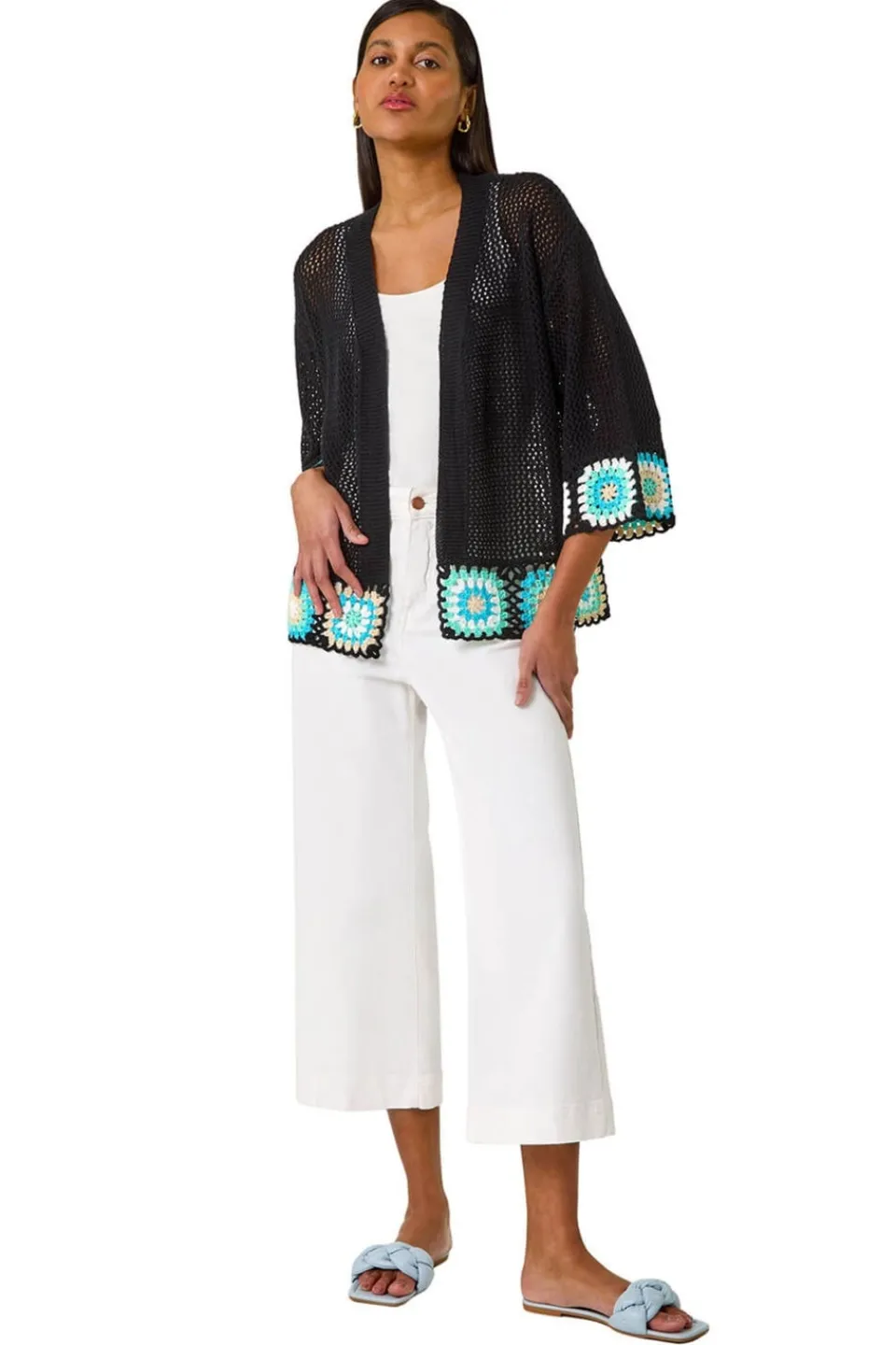 Knitwear>Roman Black Edge Crochet Hem Knit Cardigan