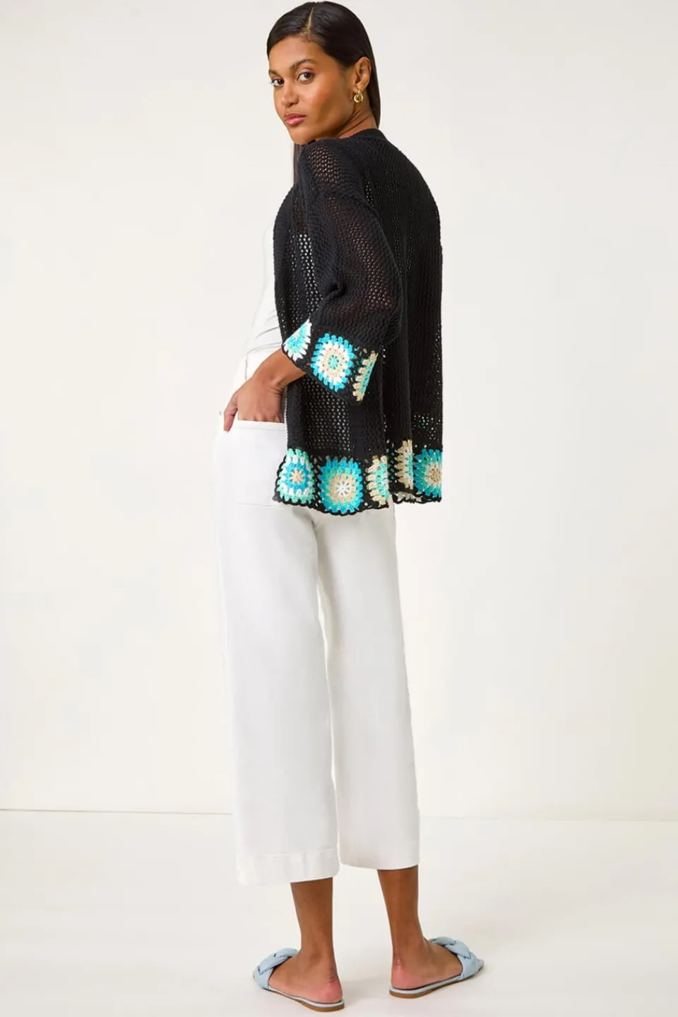 Knitwear>Roman Black Edge Crochet Hem Knit Cardigan