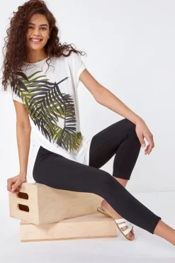 Leggings>Roman Black Elastic Waist Stretch Cropped Leggings Black-Style1