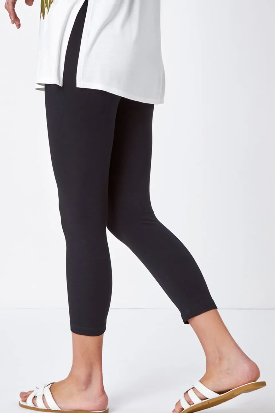 Leggings>Roman Black Elastic Waist Stretch Cropped Leggings Black-Style1