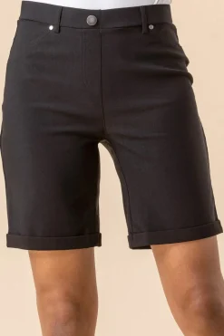 Shorts>Roman Elastic Waist Turn Up Stretch Shorts Black