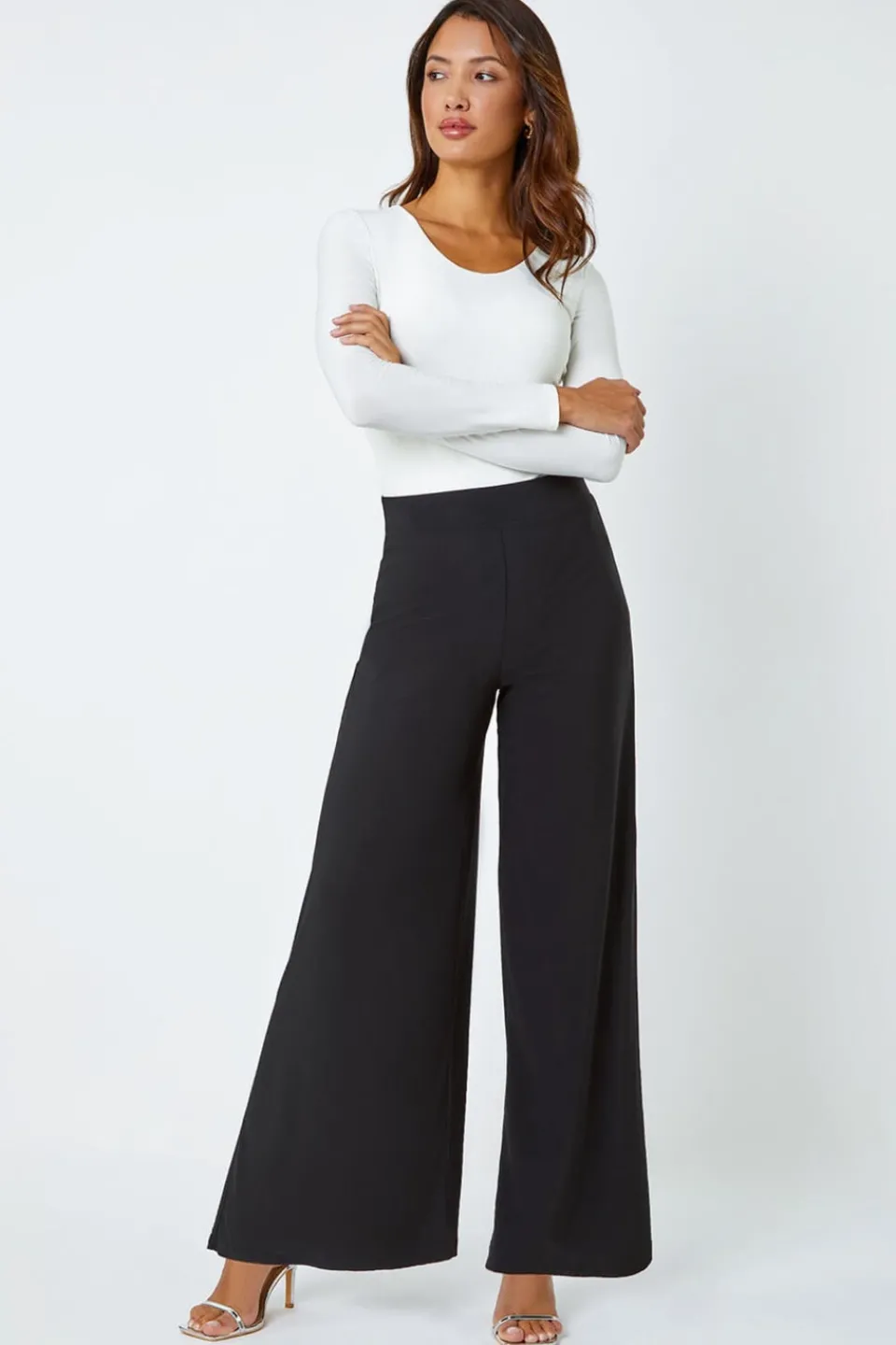 Trousers>Roman Elastic Waist Wide Leg Stretch Trousers Black