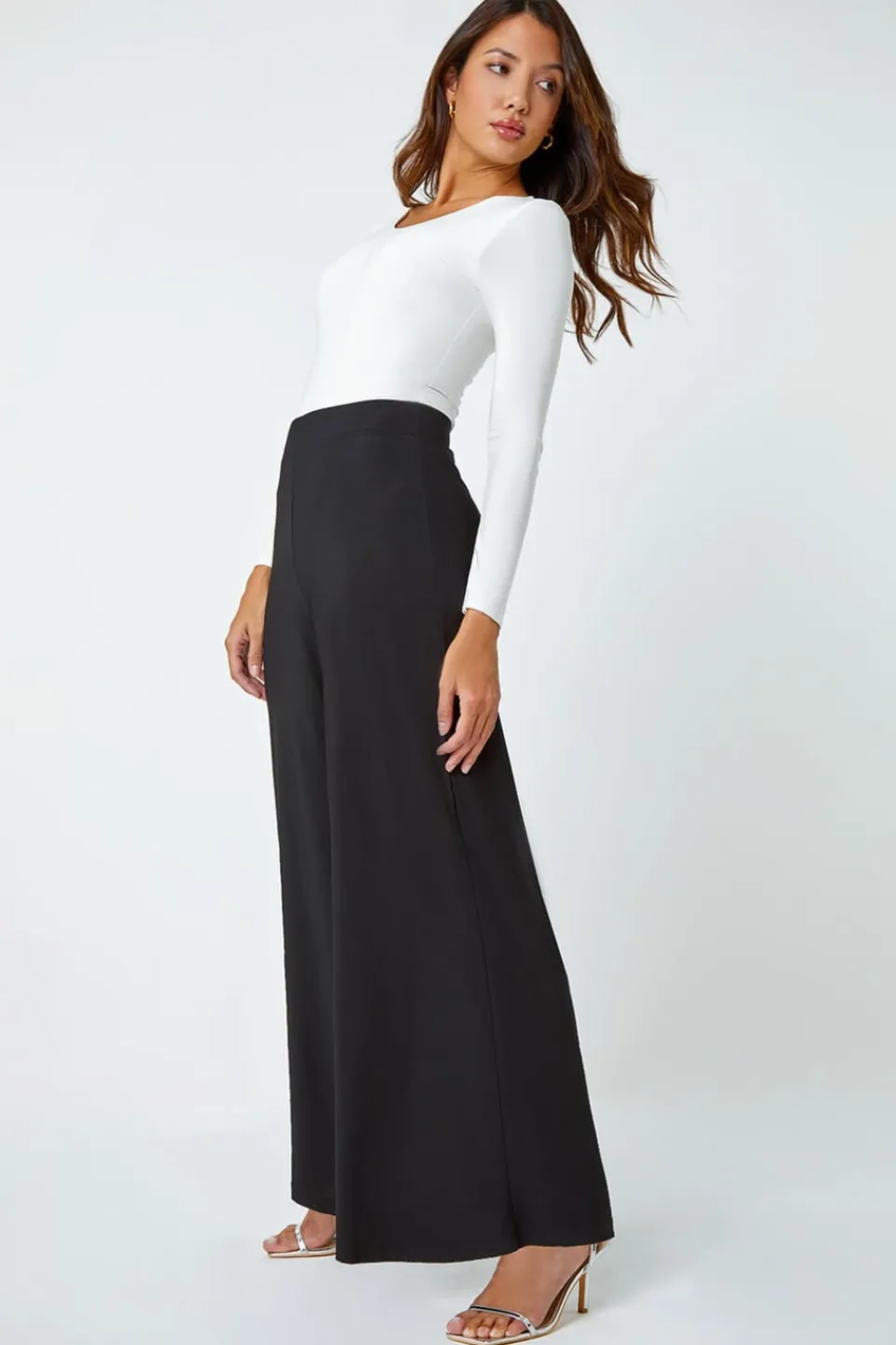 Trousers>Roman Elastic Waist Wide Leg Stretch Trousers Black