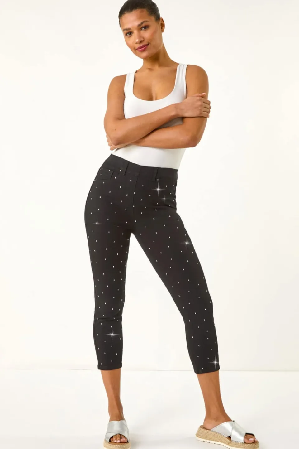 Leggings>Roman Black Embellished Cropped Stretch Jeggings