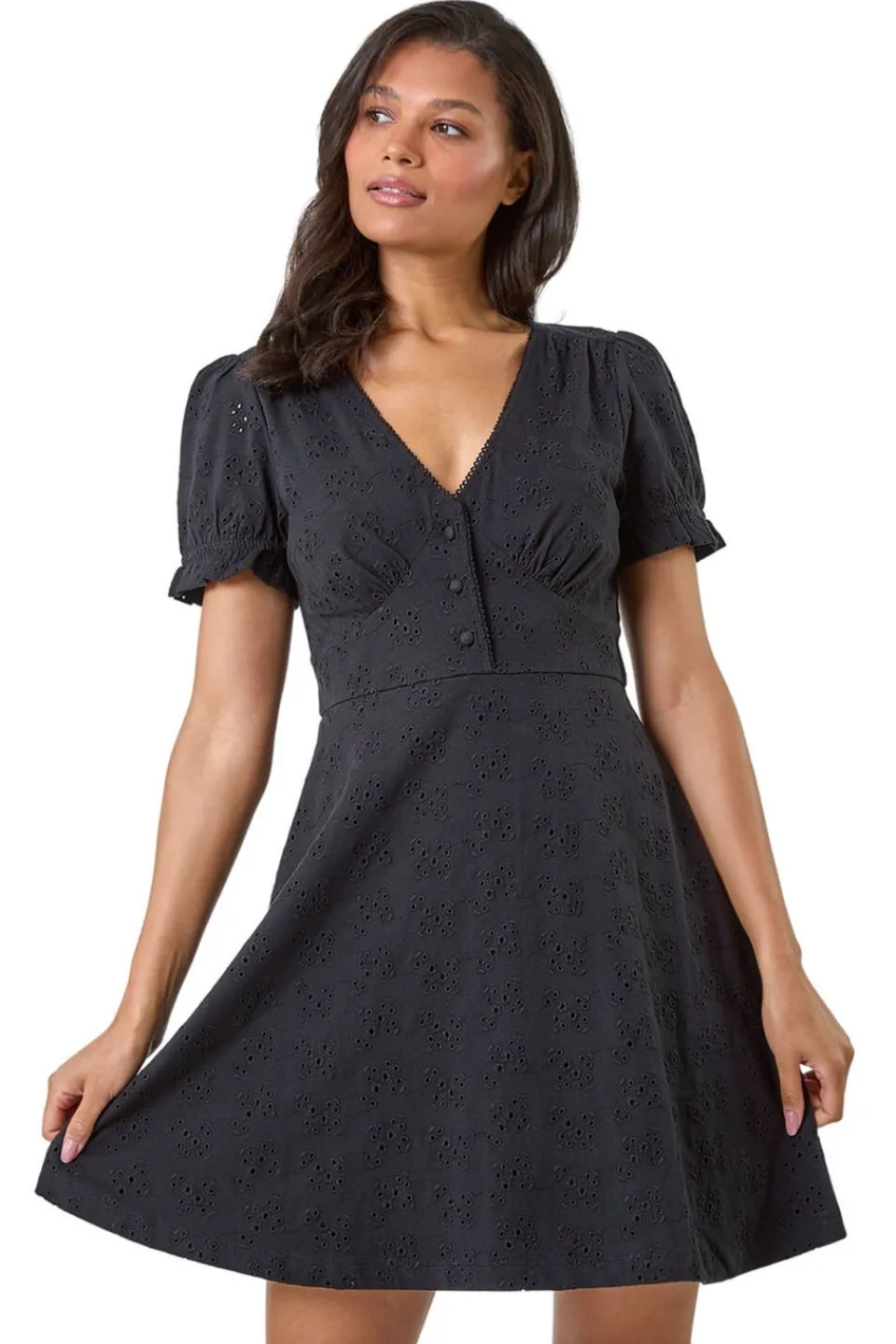 Dresses>Roman Black Embroidered Cotton Stretch Jersey Frill Dress