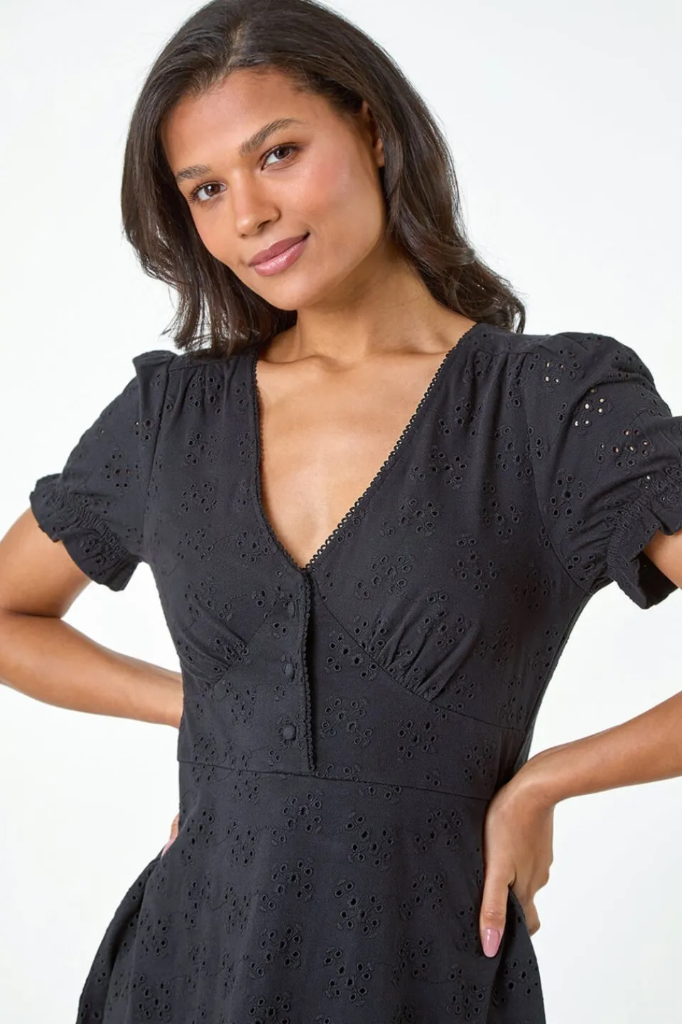 Dresses>Roman Black Embroidered Cotton Stretch Jersey Frill Dress
