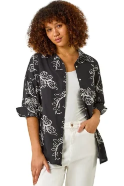 Tops>Roman Black Embroidered Floral Cotton Shirt