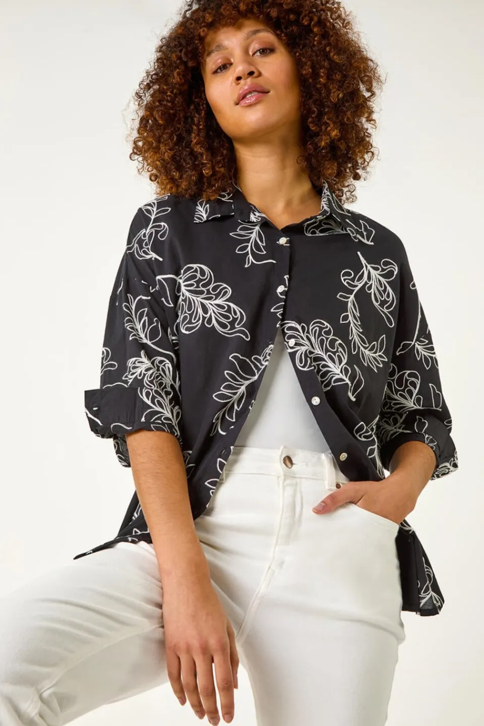 Tops>Roman Black Embroidered Floral Cotton Shirt