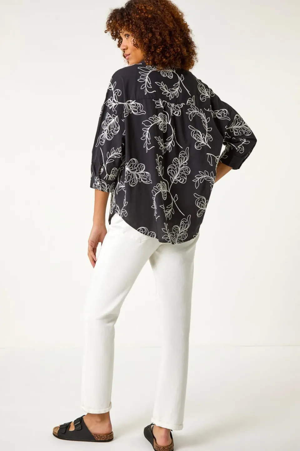 Tops>Roman Black Embroidered Floral Cotton Shirt