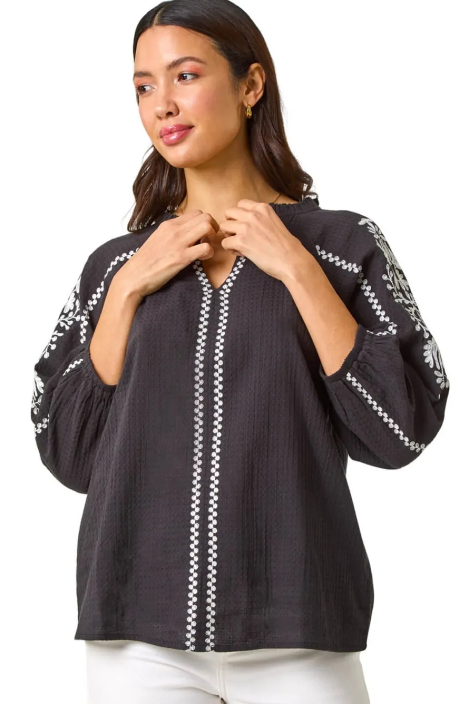 Tops>Roman Black Embroidered Sleeve V-Neck Top