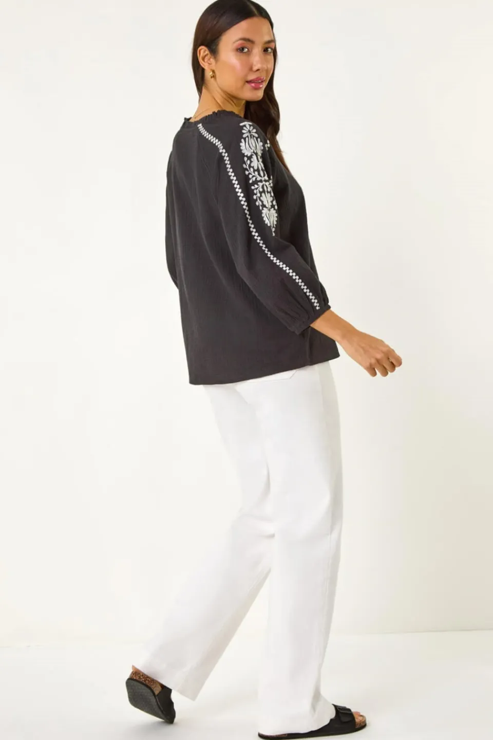 Tops>Roman Black Embroidered Sleeve V-Neck Top