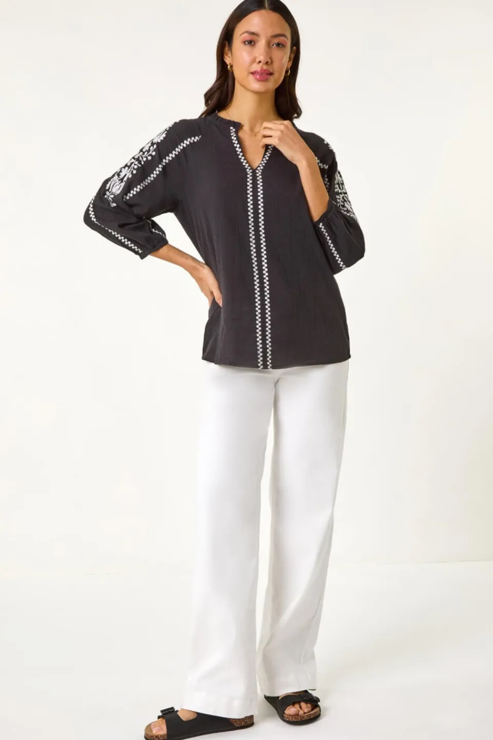 Tops>Roman Black Embroidered Sleeve V-Neck Top