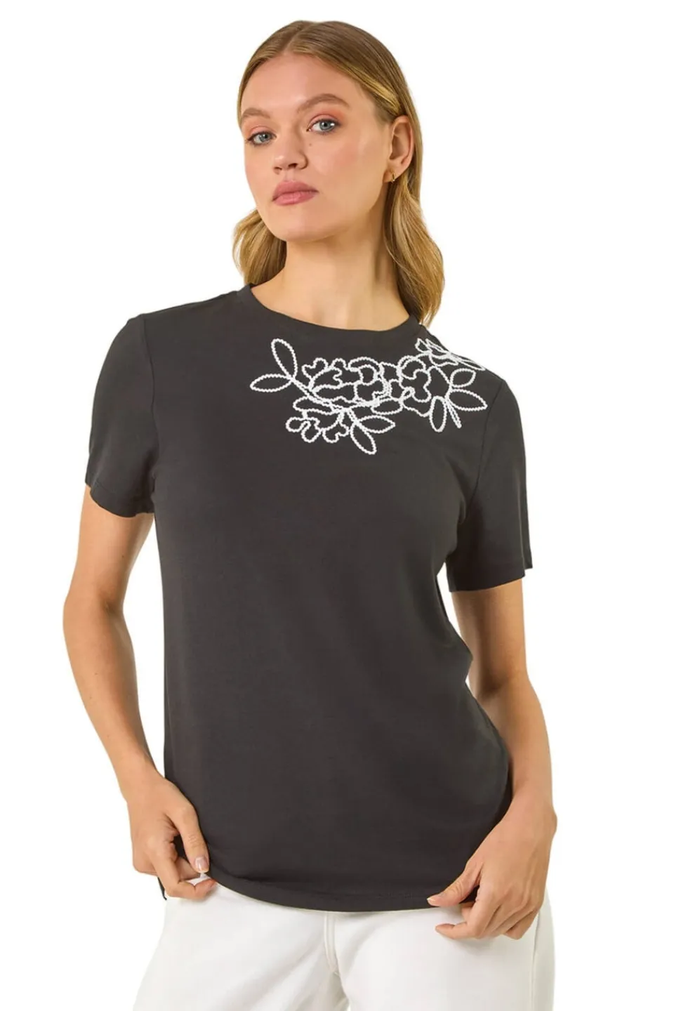 T-Shirts>Roman Black Embroidered Stretch T-Shirt