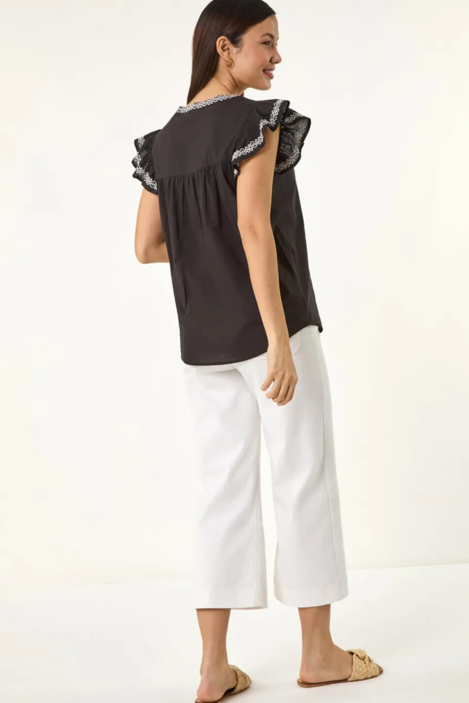 Tops>Roman Black Embroidered Tie Front Top