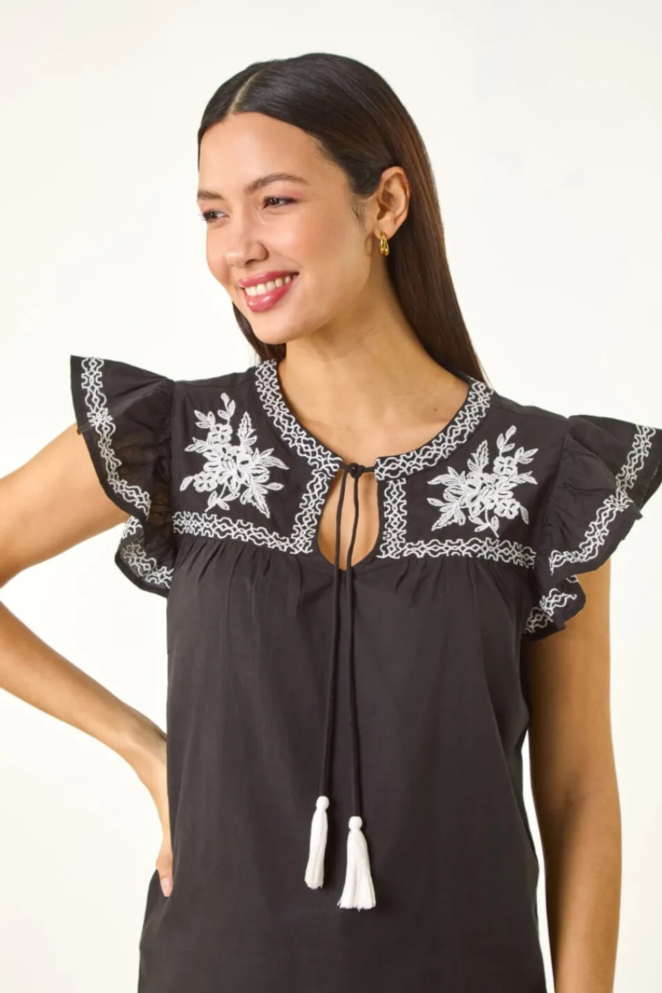 Tops>Roman Black Embroidered Tie Front Top