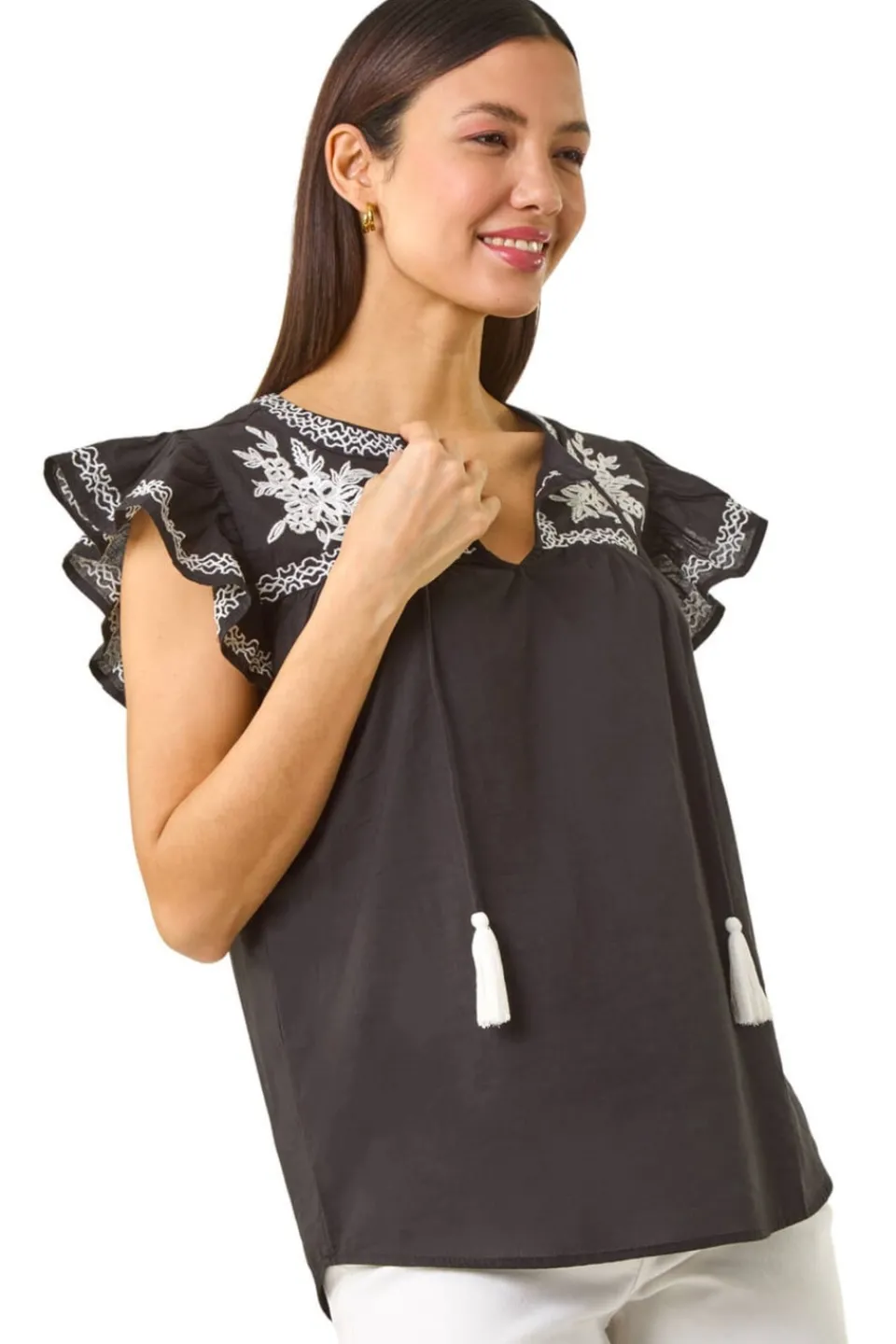 Tops>Roman Black Embroidered Tie Front Top