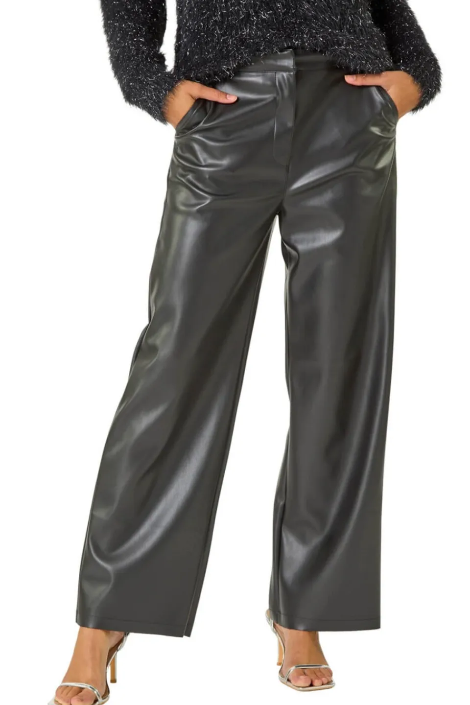Trousers>Roman Black Faux Leather Wide Leg Trouser