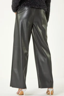 Trousers>Roman Black Faux Leather Wide Leg Trouser