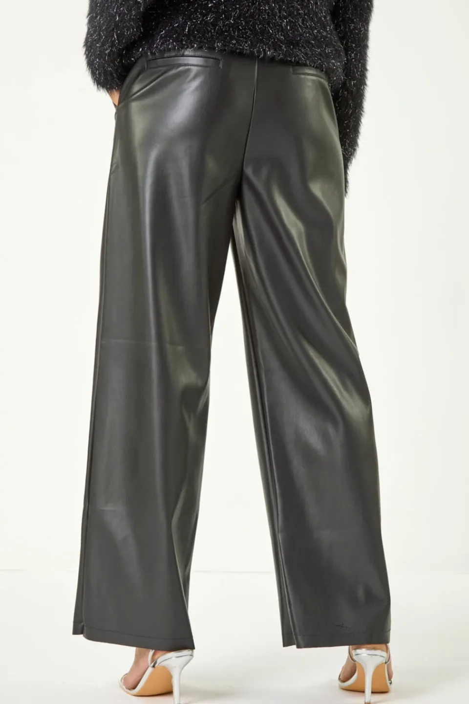 Trousers>Roman Black Faux Leather Wide Leg Trouser