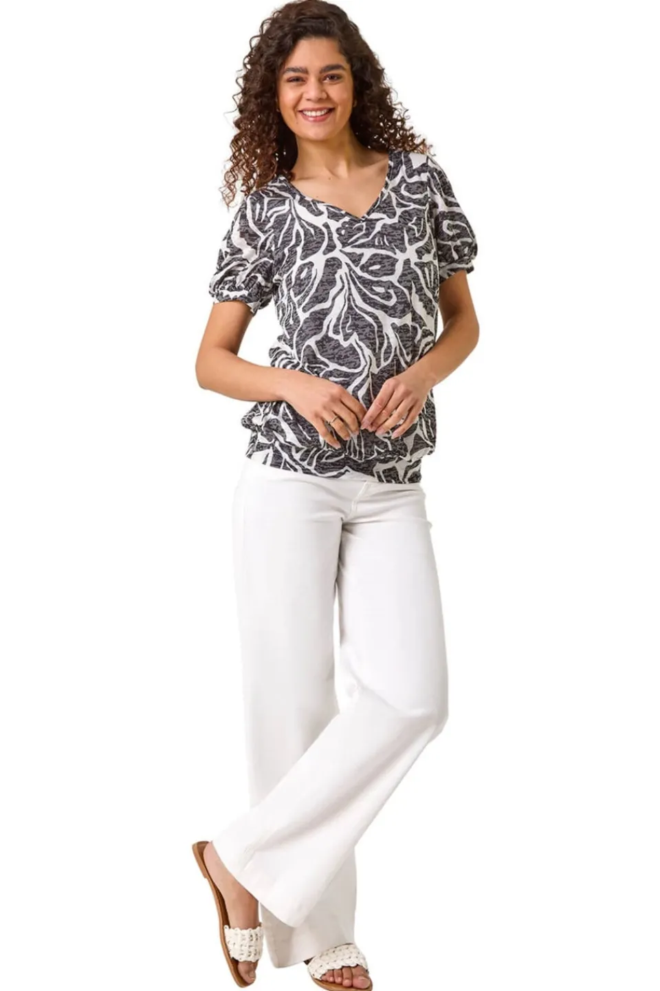 T-Shirts>Roman Black Floral Burnout Print Blouson Top