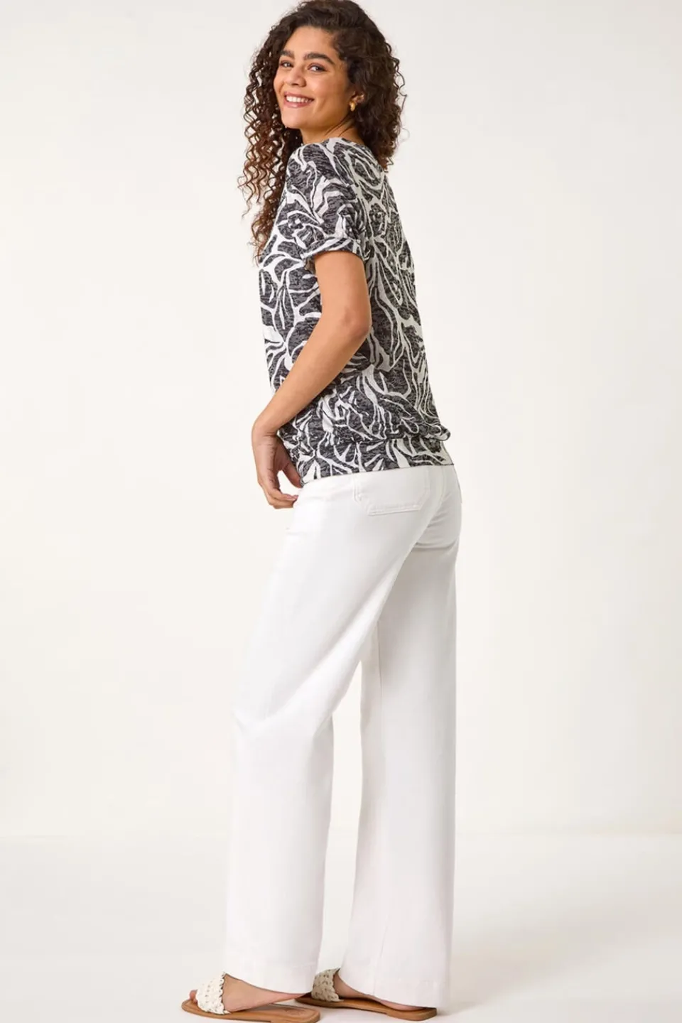 T-Shirts>Roman Black Floral Burnout Print Blouson Top