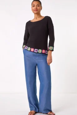 Tops>Roman Black Floral Crochet Hem Cotton Jumper