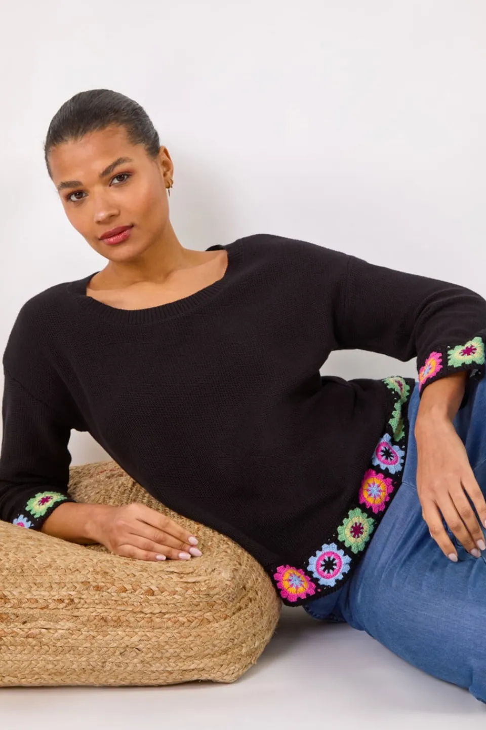 Tops>Roman Black Floral Crochet Hem Cotton Jumper