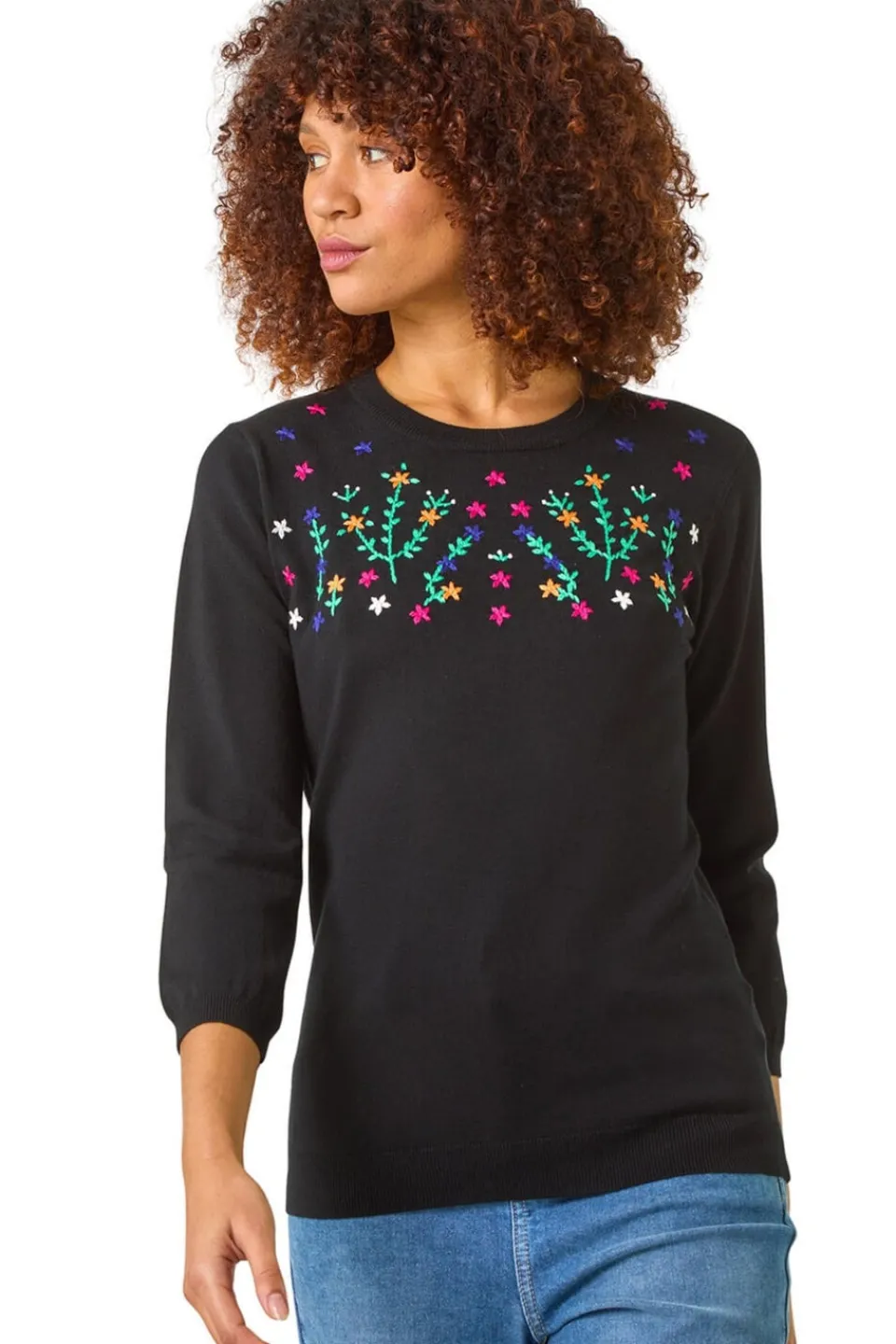 Tops>Roman Black Floral Embroidered Jumper