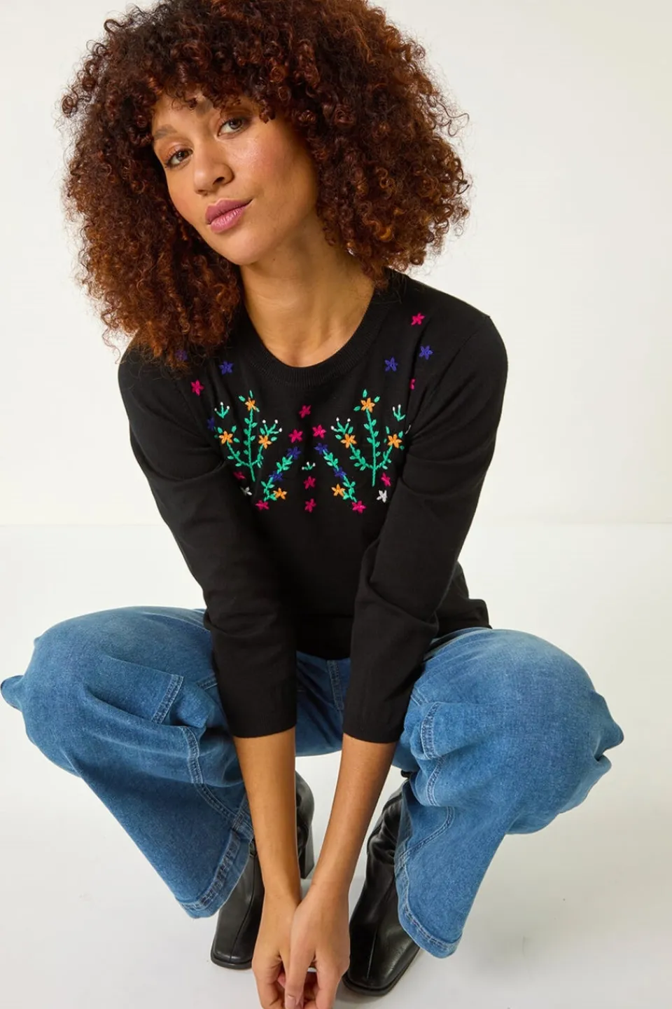 Tops>Roman Black Floral Embroidered Jumper
