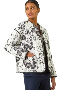 Coats & Jackets>Roman Black Floral Print Cotton Jacket