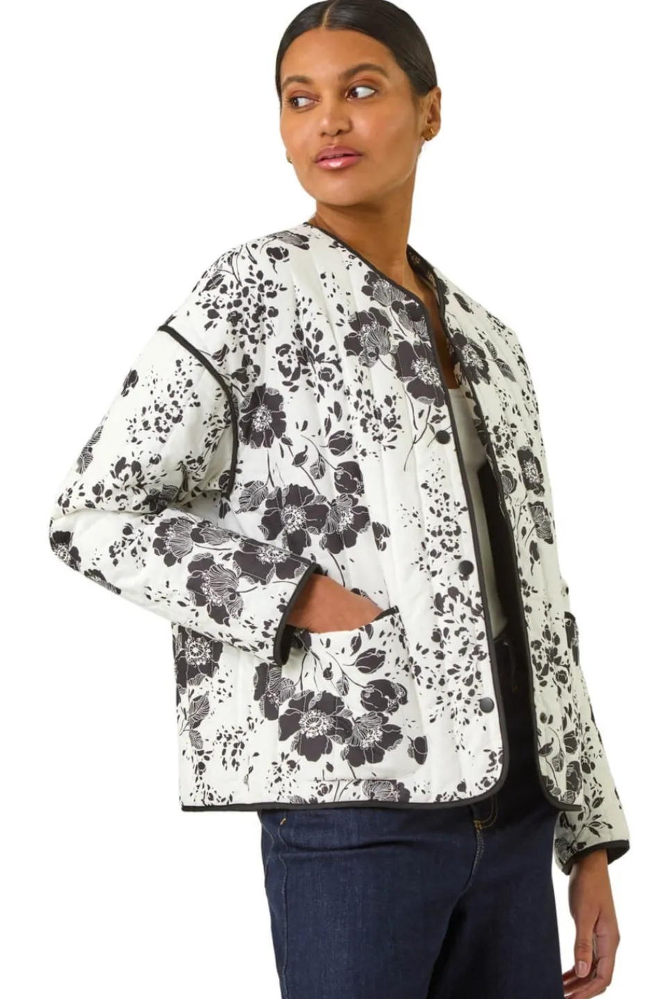 Coats & Jackets>Roman Black Floral Print Cotton Jacket