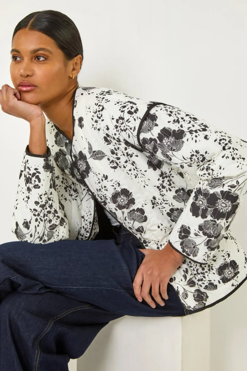 Coats & Jackets>Roman Black Floral Print Cotton Jacket