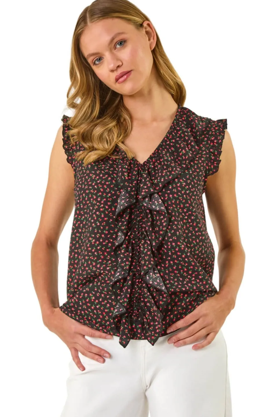 Tops>Roman Black Floral Print Ruffle Front Top