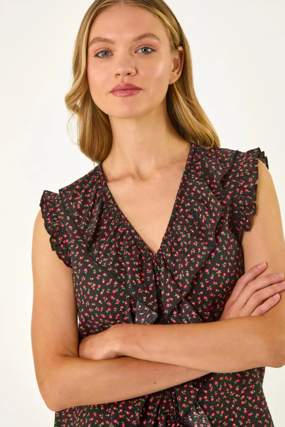 Tops>Roman Black Floral Print Ruffle Front Top