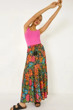 Skirts>Roman Black Floral Print Tiered A Line Skirt