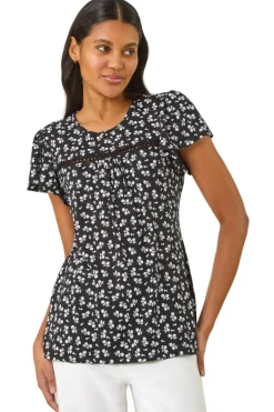 T-Shirts>Roman Black Floral Print Ladder Trim Top
